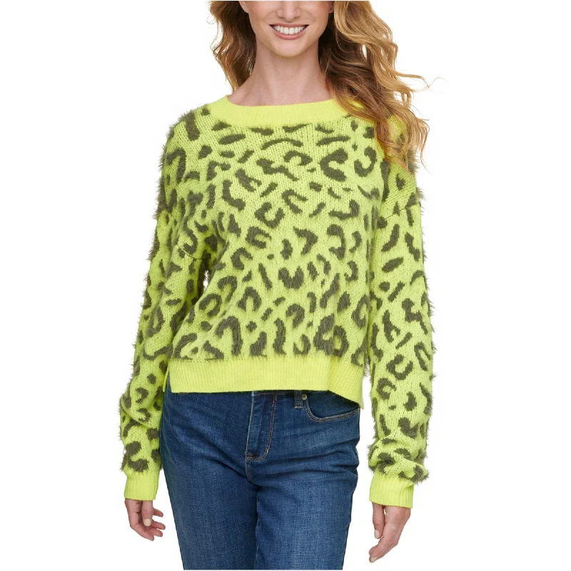 DKNY Womens Leopard Print Pullover Sweater, Yellow, X-Large