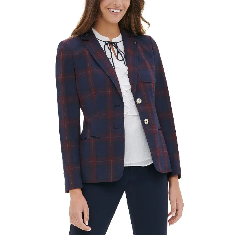 Tommy Hilfiger Women's Elbow-Patch Plaid Blazer Blue Size 6