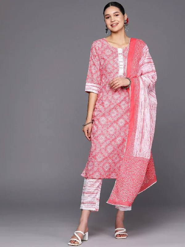 Peach Printed Cotton Straight Kurta With Trousers & Dupatta