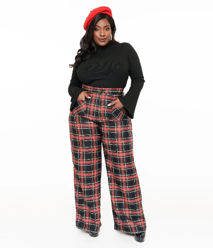 Smak Parlour Plus Size 1960s Black & Red Plaid Wide Leg Trousers