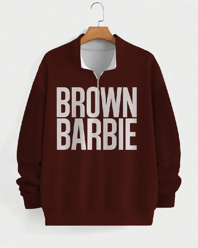 Brown Barbie High Collar Zipper Long Sleeve Casual Sweatshirt