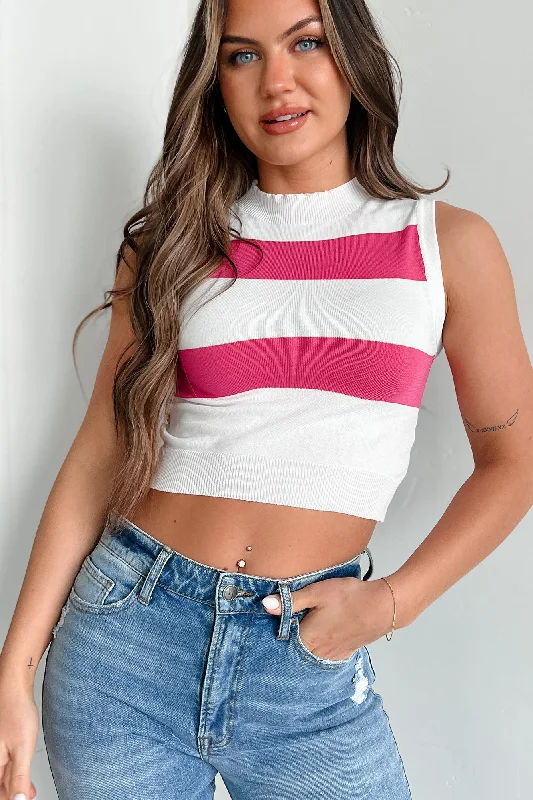 I Always Know Striped Sleeveless Crop Top (Ivory/Fuchsia)