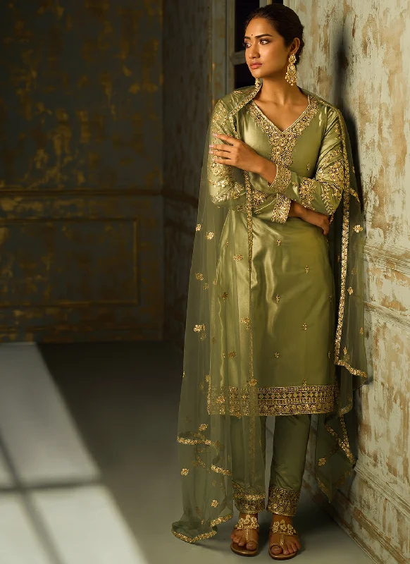 Dusty Olive Embroidered Straight Suit