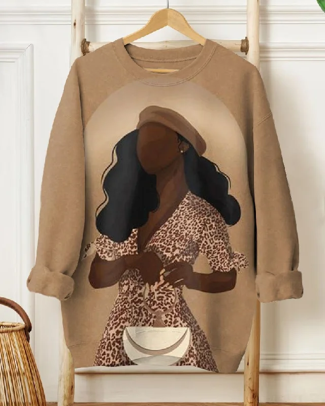 Women's Fashion Elegant Brown Leopard Beauty Print Long Sleeve Sweatshirt