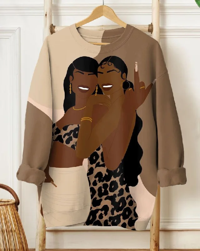 Women's Fashion Sexy Brown Leopard Beauty Print Long Sleeve Sweatshirt