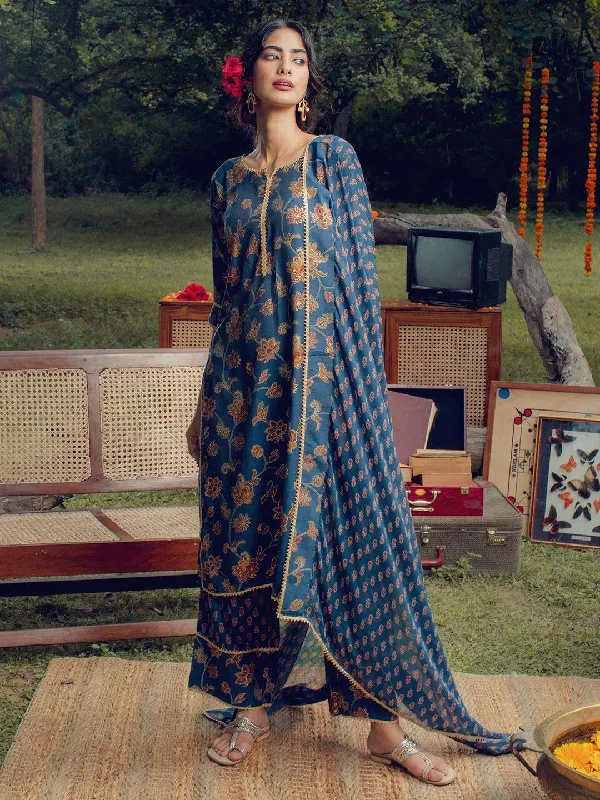 Blue Printed Silk Blend Straight Kurta With Palazzos & Dupatta