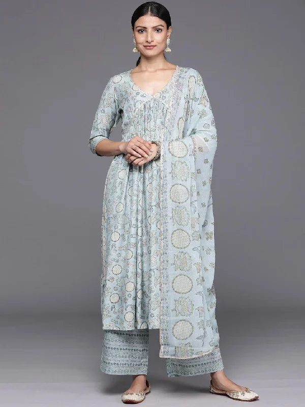 Blue Printed Silk Blend A-Line Kurta With Trousers & Dupatta