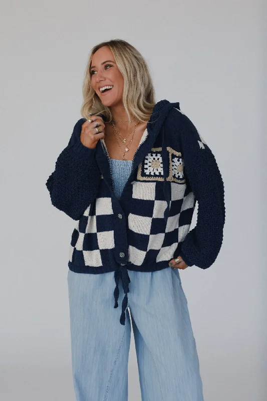 Flower Check Hoodie Top - Navy