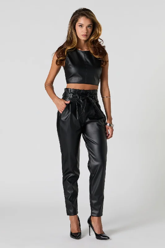 Faux Leather Metallic Paperbag Dress Pant